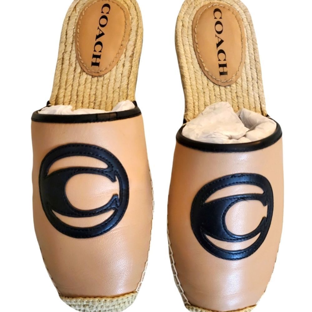 Coach Channing Leather Logo Slip On Espadrille Mules